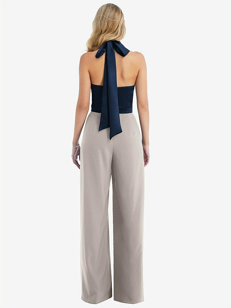 【STYLE: 6835】High-Neck Open-Back Jumpsuit with Scarf Tie【COLOR: Taupe &amp; Midnight Navy】