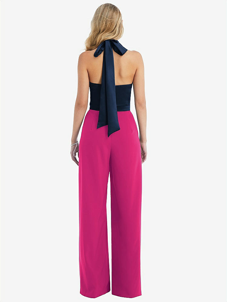 【STYLE: 6835】High-Neck Open-Back Jumpsuit with Scarf Tie【COLOR: Think Pink &amp; Midnight Navy】