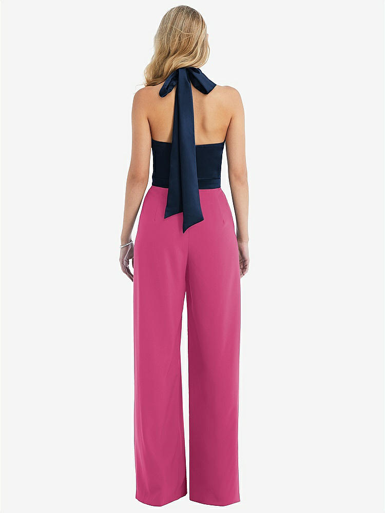 【STYLE: 6835】High-Neck Open-Back Jumpsuit with Scarf Tie【COLOR: Tea Rose &amp; Midnight Navy】