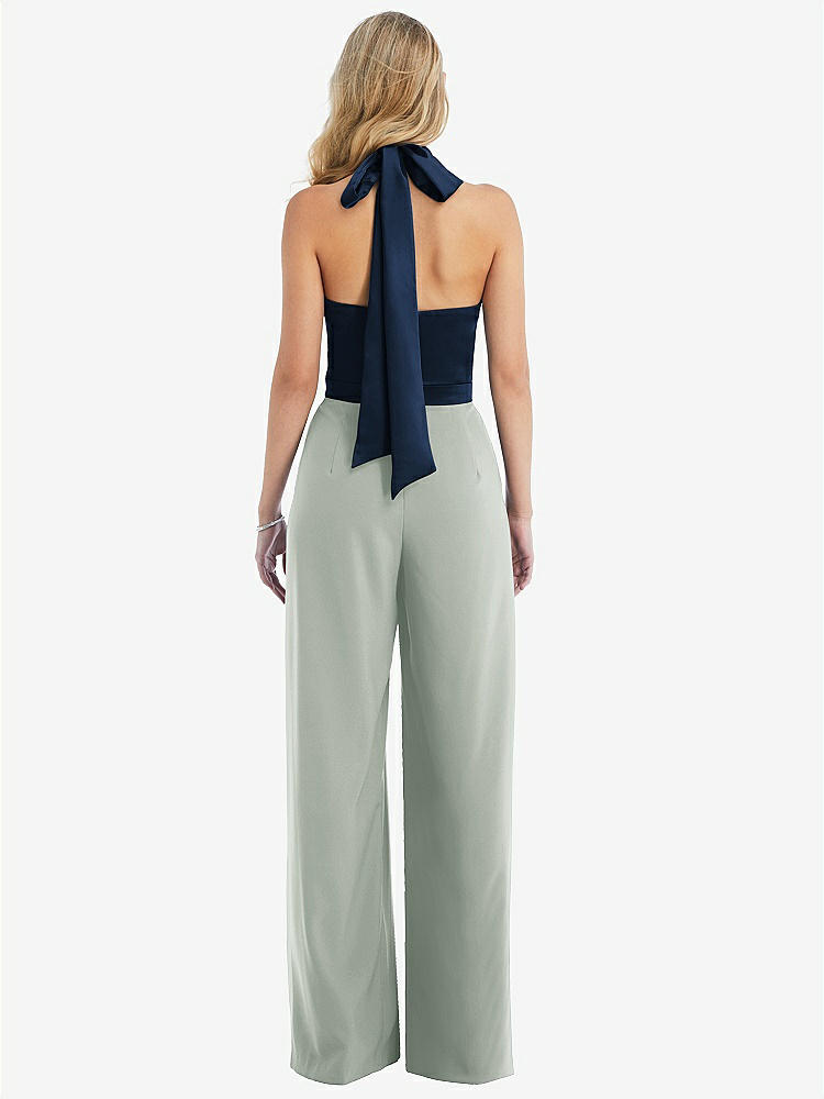 【STYLE: 6835】High-Neck Open-Back Jumpsuit with Scarf Tie【COLOR: Willow Green &amp; Midnight Navy】