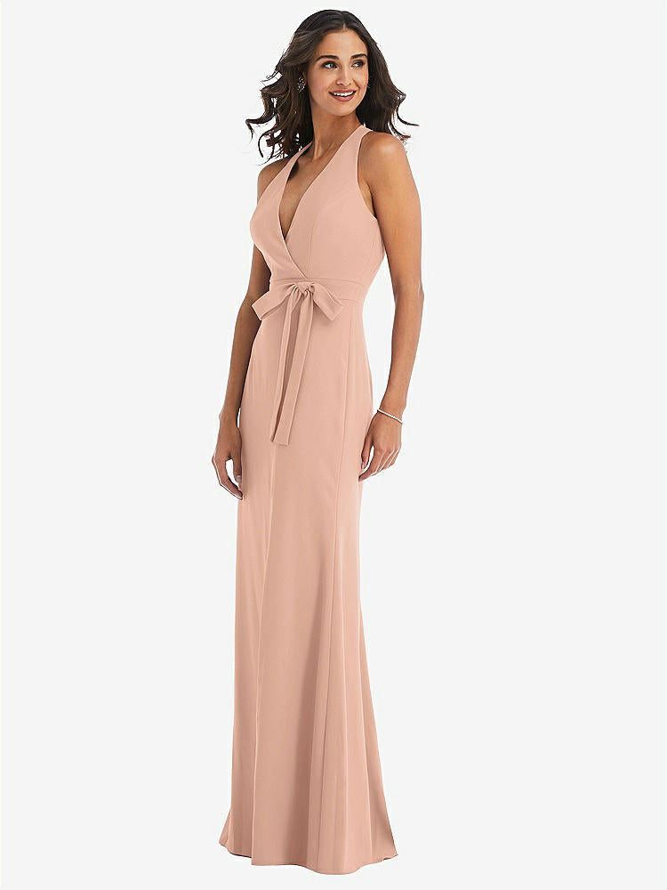 【STYLE: 6836】Open-Back Halter Maxi Dress with Draped Bow【COLOR: Pale Peach】