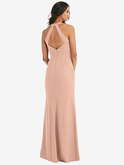 【STYLE: 6836】Open-Back Halter Maxi Dress with Draped Bow【COLOR: Pale Peach】