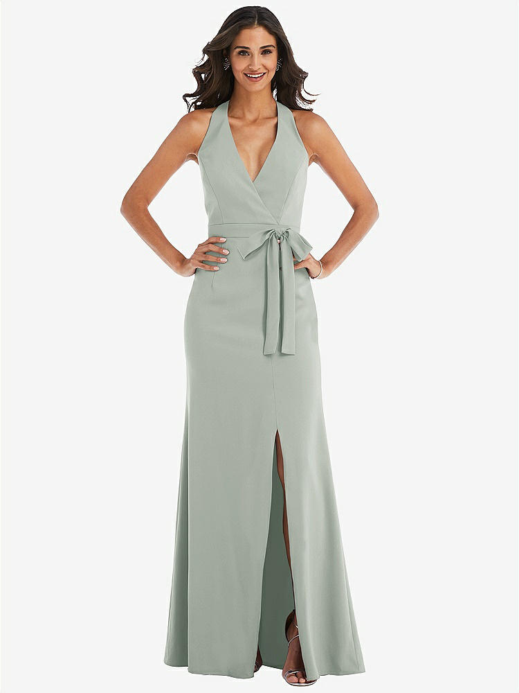 【STYLE: 6836】Open-Back Halter Maxi Dress with Draped Bow【COLOR: Willow Green】