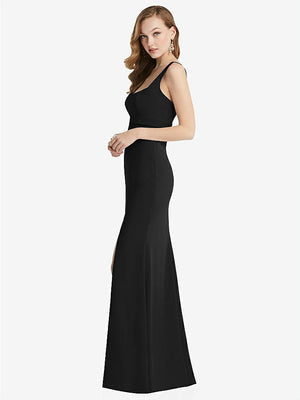 【STYLE: 6838】Wide Strap Notch Empire Waist Dress with Front Slit【COLOR: Black】