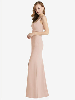 【STYLE: 6838】Wide Strap Notch Empire Waist Dress with Front Slit【COLOR: Cameo】