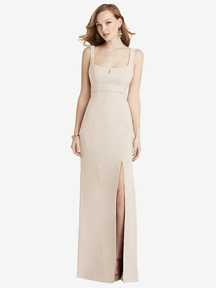 【STYLE: 6838】Wide Strap Notch Empire Waist Dress with Front Slit【COLOR: Oat】