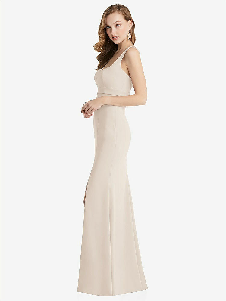 【STYLE: 6838】Wide Strap Notch Empire Waist Dress with Front Slit【COLOR: Oat】