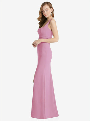 【STYLE: 6838】Wide Strap Notch Empire Waist Dress with Front Slit【COLOR: Powder Pink】