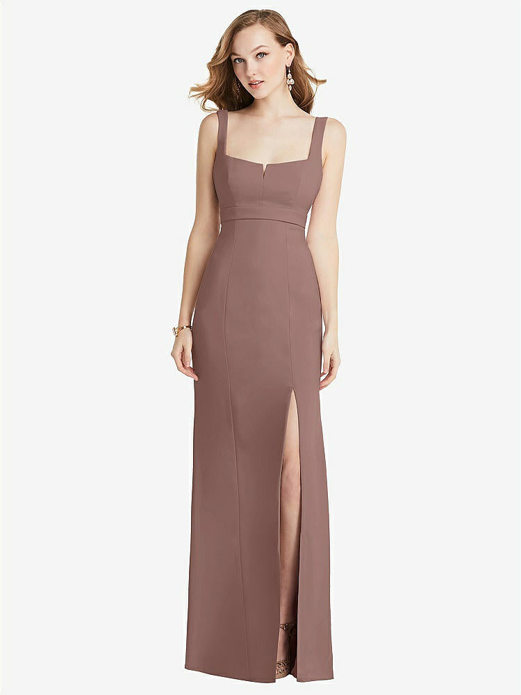 【STYLE: 6838】Wide Strap Notch Empire Waist Dress with Front Slit【COLOR: Sienna】