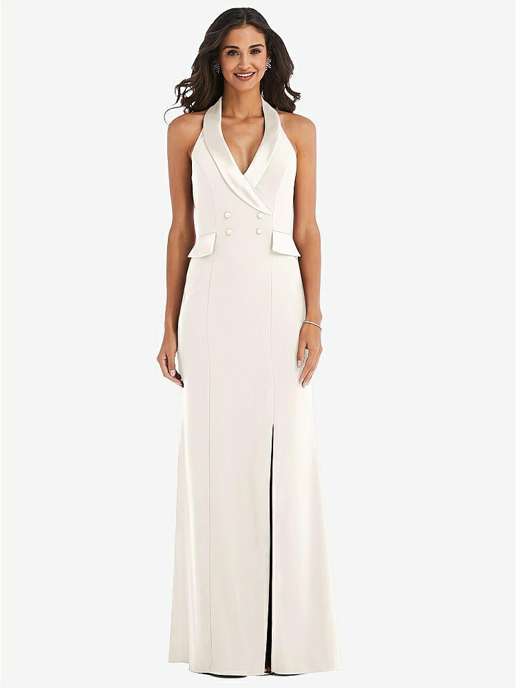 【STYLE: 6842】Halter Tuxedo Maxi Dress with Front Slit【COLOR: Ivory】