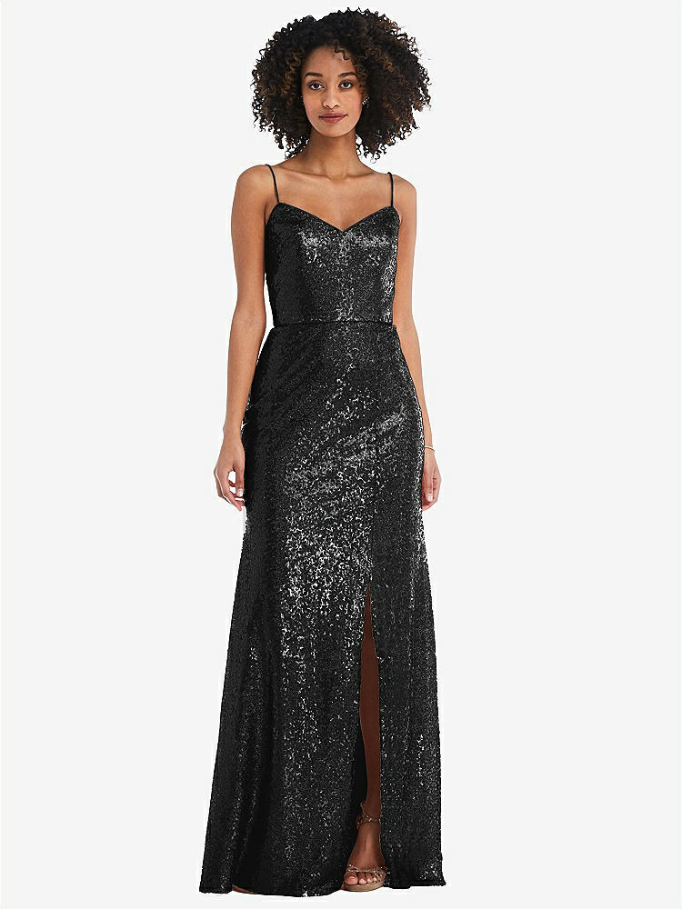 【STYLE: 6845】Spaghetti Strap Sequin Trumpet Gown with Side Slit【COLOR: Black】