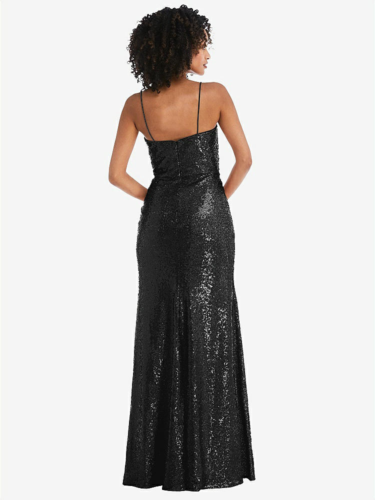 【STYLE: 6845】Spaghetti Strap Sequin Trumpet Gown with Side Slit【COLOR: Black】