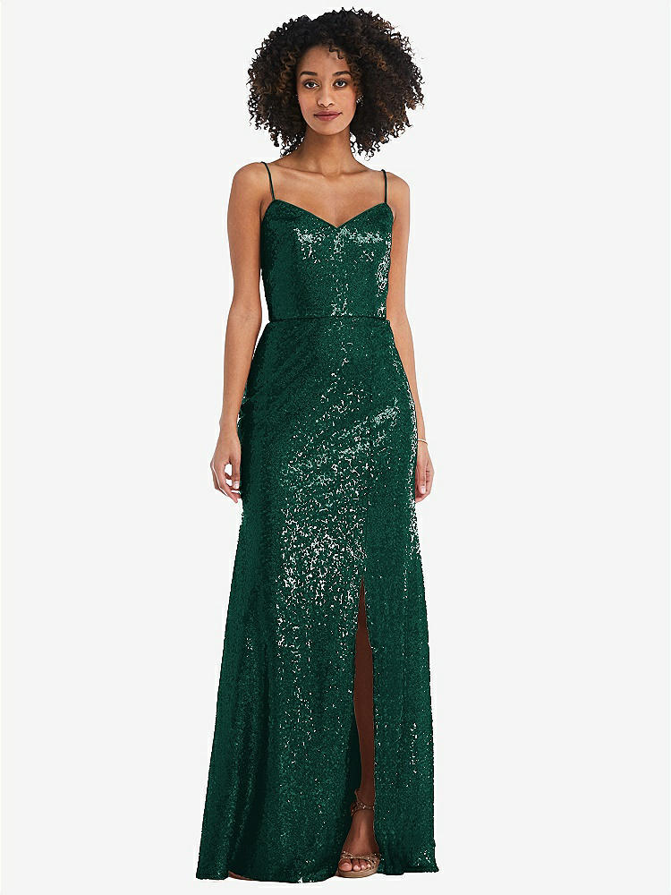 【STYLE: 6845】Spaghetti Strap Sequin Trumpet Gown with Side Slit【COLOR: Hunter Green】