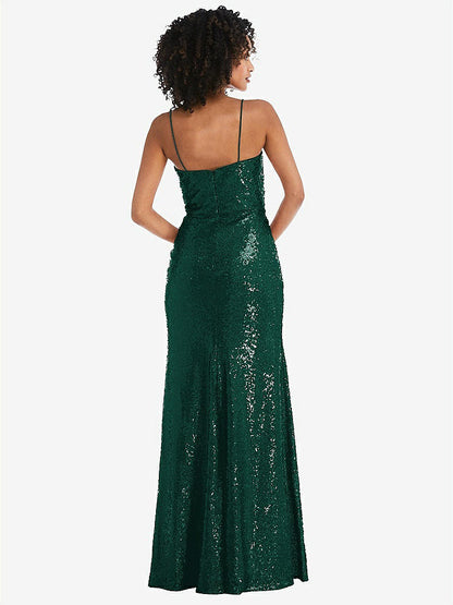 【STYLE: 6845】Spaghetti Strap Sequin Trumpet Gown with Side Slit【COLOR: Hunter Green】