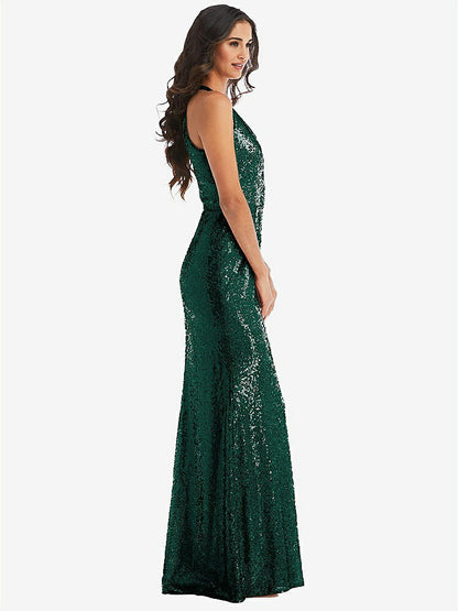 【STYLE: 6846】Halter Wrap Sequin Trumpet Gown with Front Slit【COLOR: Hunter Green】