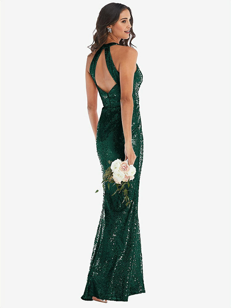 【STYLE: 6846】Halter Wrap Sequin Trumpet Gown with Front Slit【COLOR: Hunter Green】