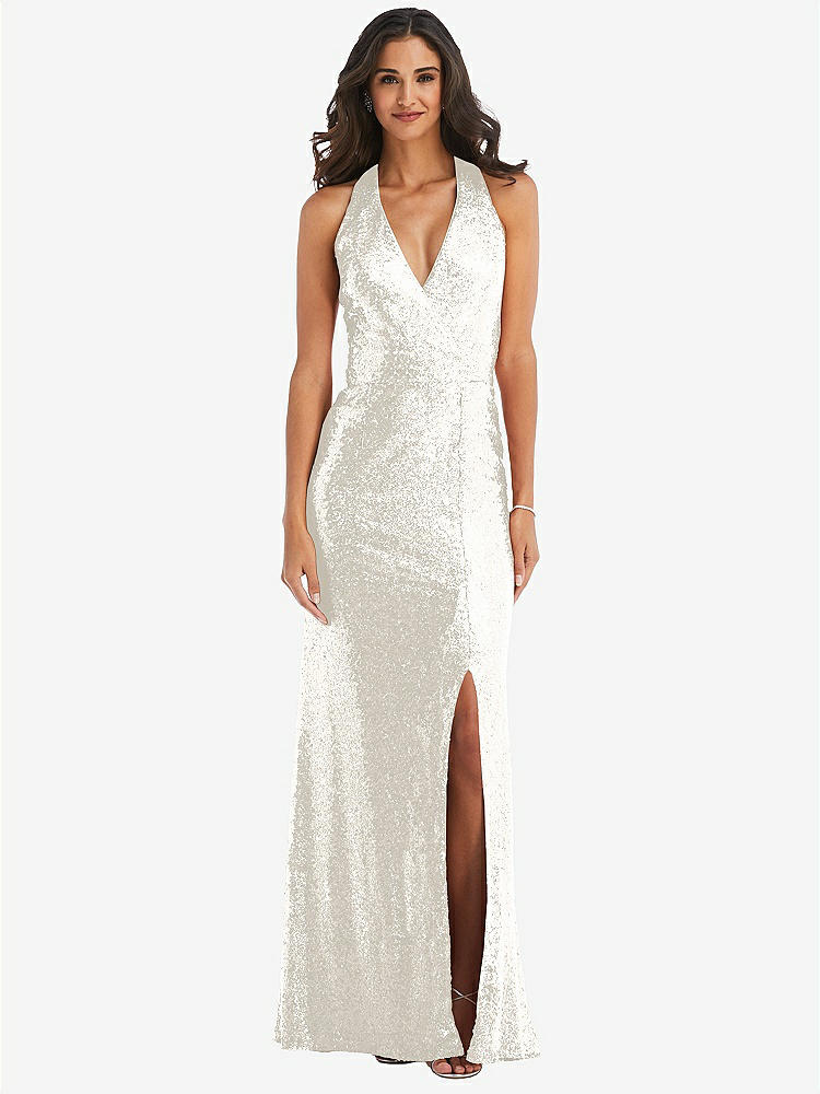 【STYLE: 6846】Halter Wrap Sequin Trumpet Gown with Front Slit【COLOR: Ivory】