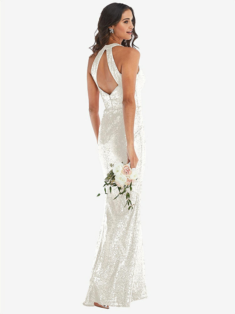 【STYLE: 6846】Halter Wrap Sequin Trumpet Gown with Front Slit【COLOR: Ivory】