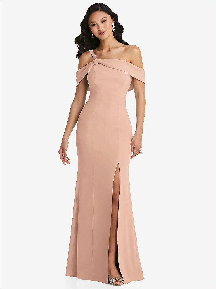 【STYLE: 6847】One-Shoulder Draped Cuff Maxi Dress with Front Slit【COLOR: Pale Peach】