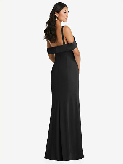 【STYLE: 6847】One-Shoulder Draped Cuff Maxi Dress with Front Slit【COLOR: Black】