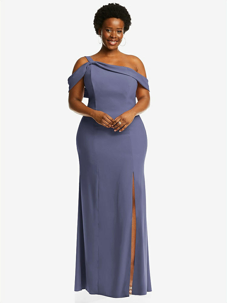 【STYLE: 6847】One-Shoulder Draped Cuff Maxi Dress with Front Slit【COLOR: French Blue】