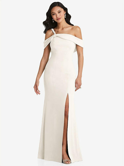 【STYLE: 6847】One-Shoulder Draped Cuff Maxi Dress with Front Slit【COLOR: Ivory】