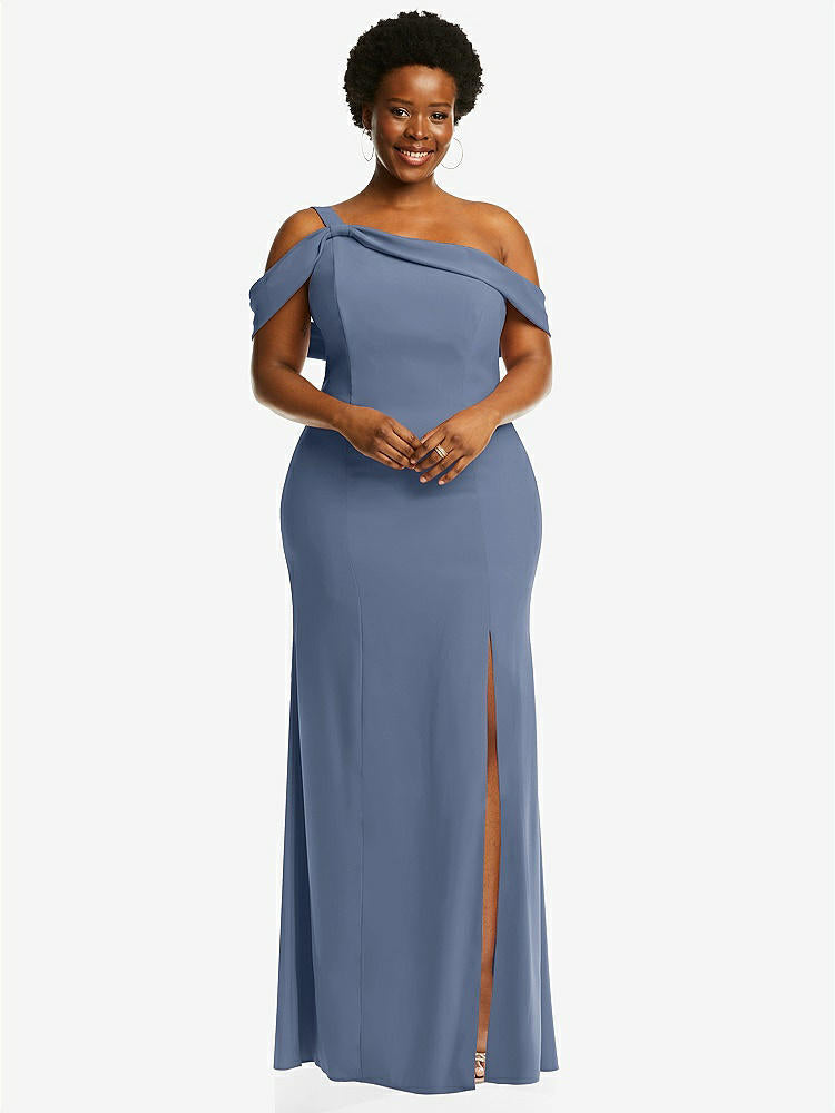 【STYLE: 6847】One-Shoulder Draped Cuff Maxi Dress with Front Slit【COLOR: Larkspur Blue】