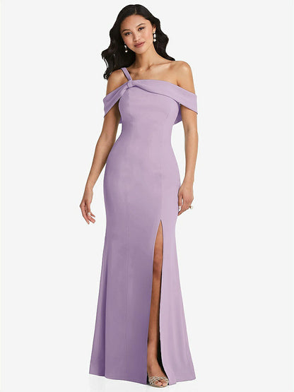 【STYLE: 6847】One-Shoulder Draped Cuff Maxi Dress with Front Slit【COLOR: Pale Purple】