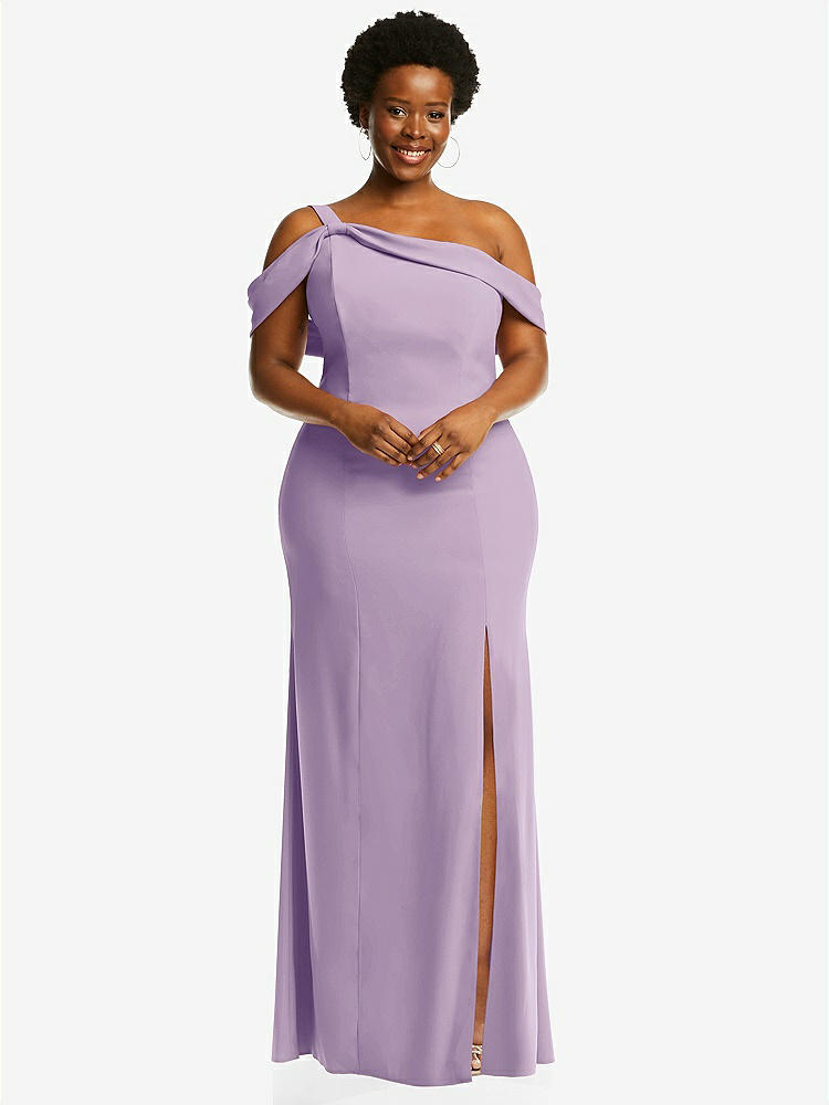 【STYLE: 6847】One-Shoulder Draped Cuff Maxi Dress with Front Slit【COLOR: Pale Purple】