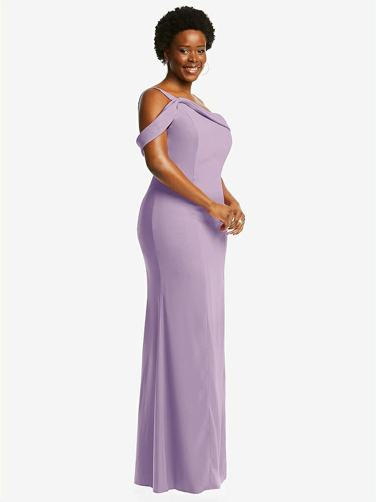【STYLE: 6847】One-Shoulder Draped Cuff Maxi Dress with Front Slit【COLOR: Pale Purple】