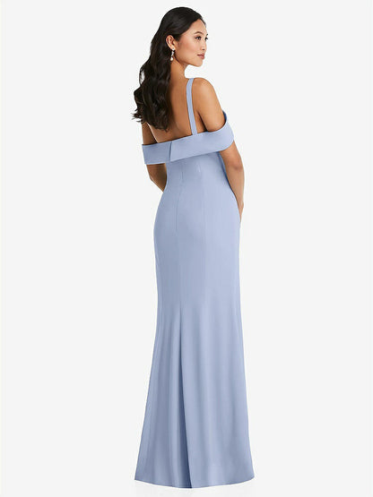【NEW】【STYLE: 6847】ワンショルダー ドレープ カフ マキシ ドレス 前面 スリット【COLOR: Sky Blue】【SIZE: 00-30W】