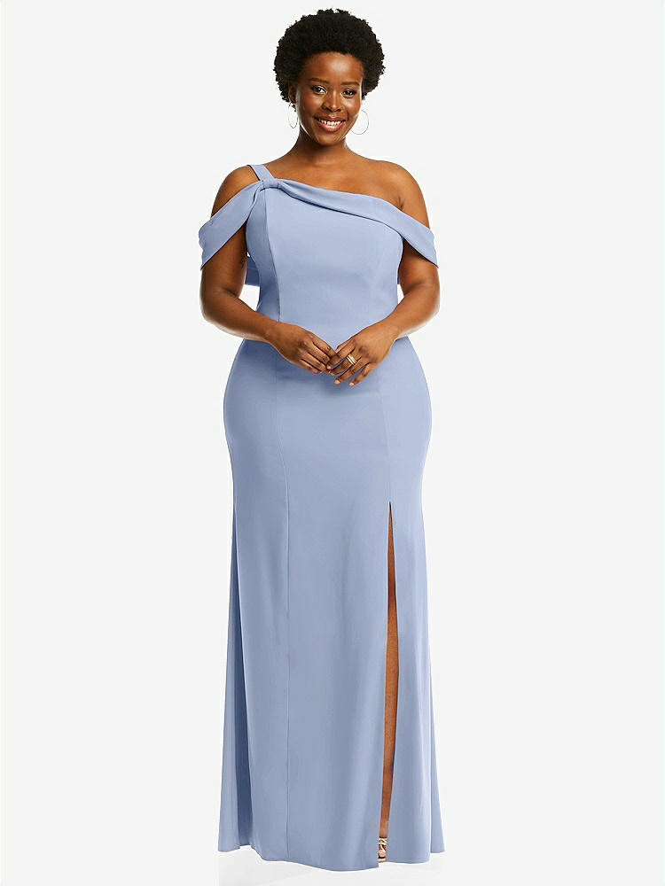 【STYLE: 6847】One-Shoulder Draped Cuff Maxi Dress with Front Slit【COLOR: Sky Blue】