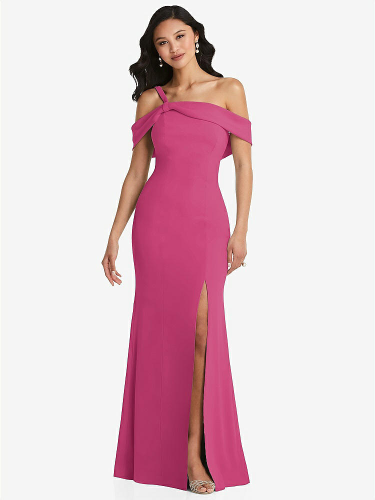 【STYLE: 6847】One-Shoulder Draped Cuff Maxi Dress with Front Slit【COLOR: Tea Rose】