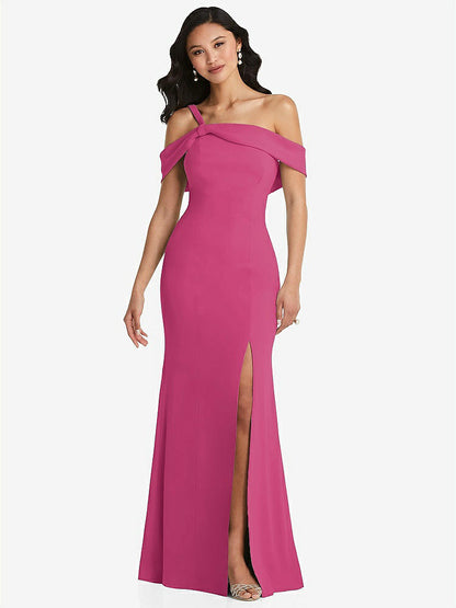 【STYLE: 6847】One-Shoulder Draped Cuff Maxi Dress with Front Slit【COLOR: Tea Rose】