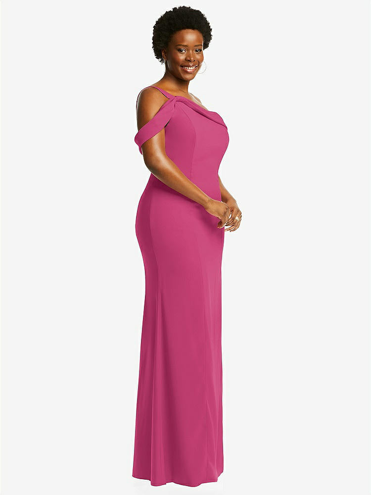 【STYLE: 6847】One-Shoulder Draped Cuff Maxi Dress with Front Slit【COLOR: Tea Rose】