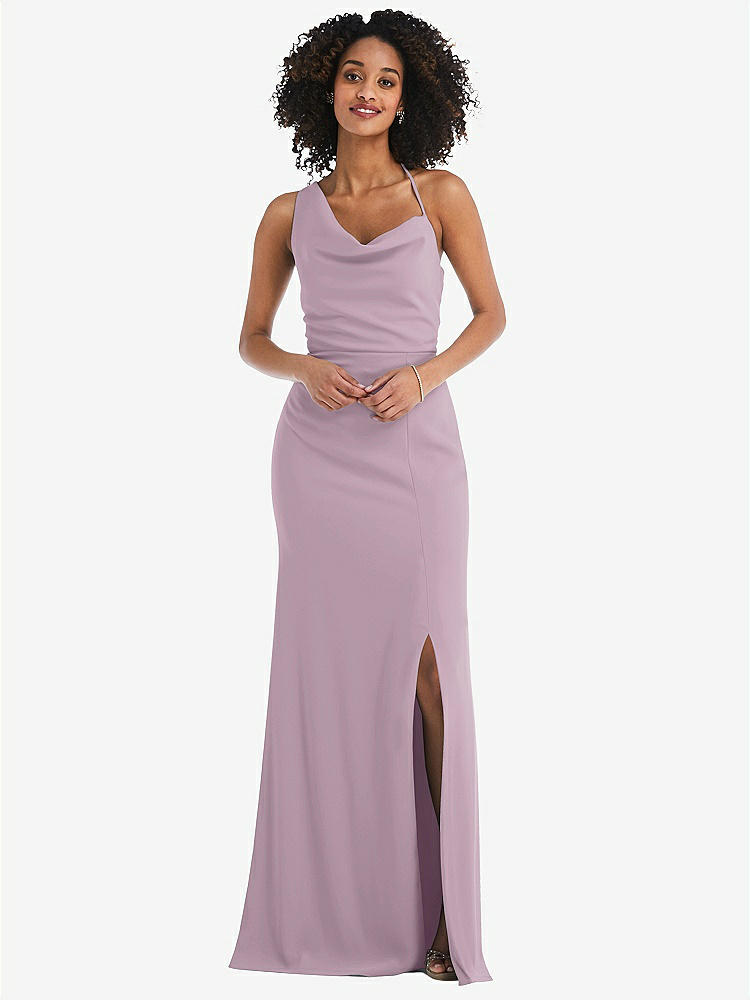 【STYLE: 6849】One-Shoulder Draped Cowl-Neck Maxi Dress【COLOR: Suede Rose】