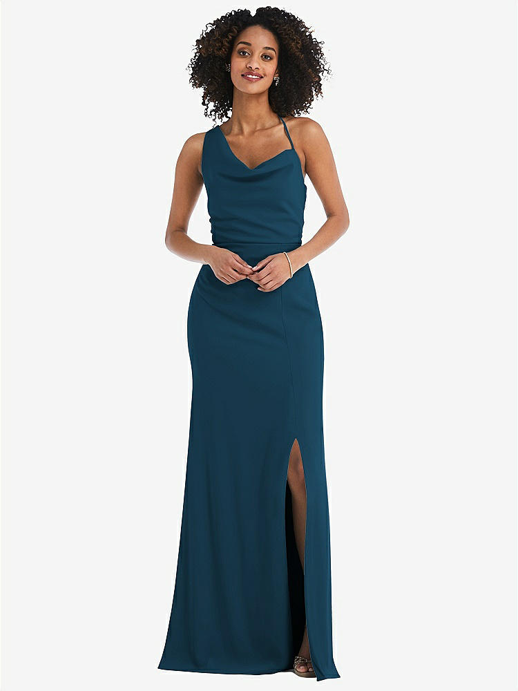 【STYLE: 6849】One-Shoulder Draped Cowl-Neck Maxi Dress【COLOR: Atlantic Blue】