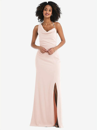 【NEW】【STYLE: 6849】ワンショルダー ドレープ カウルネック マキシ ドレス【COLOR: Blush】【SIZE: 00-30W】