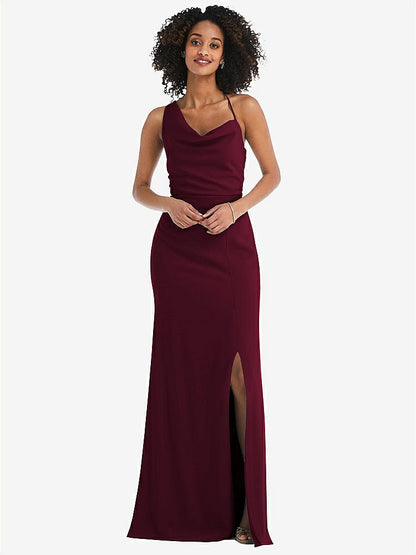 【NEW】【STYLE: 6849】ワンショルダー ドレープ カウルネック マキシ ドレス【COLOR: Cabernet】【SIZE: 00-30W】