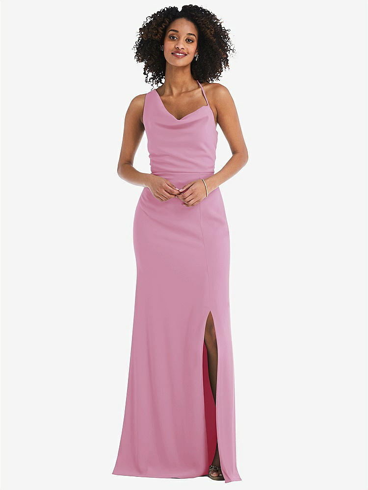 【STYLE: 6849】One-Shoulder Draped Cowl-Neck Maxi Dress【COLOR: Powder Pink】