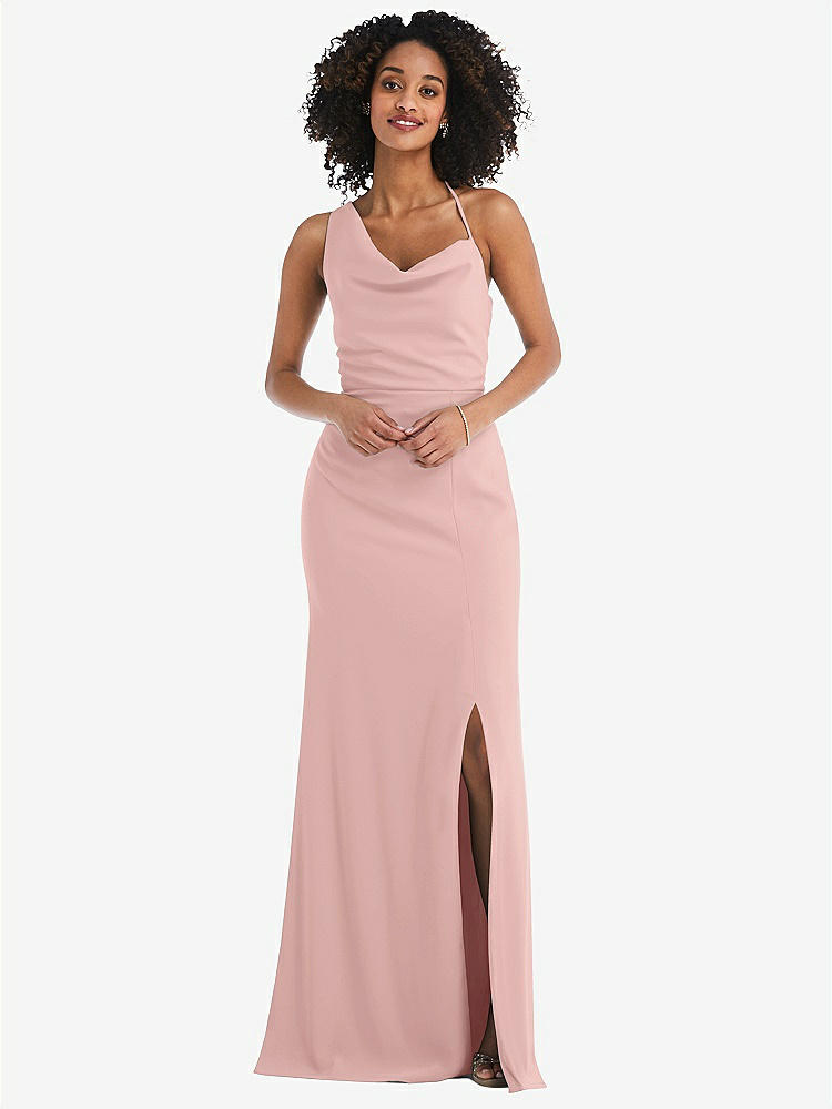 【STYLE: 6849】One-Shoulder Draped Cowl-Neck Maxi Dress【COLOR: Rose - PANTONE Rose Quartz】
