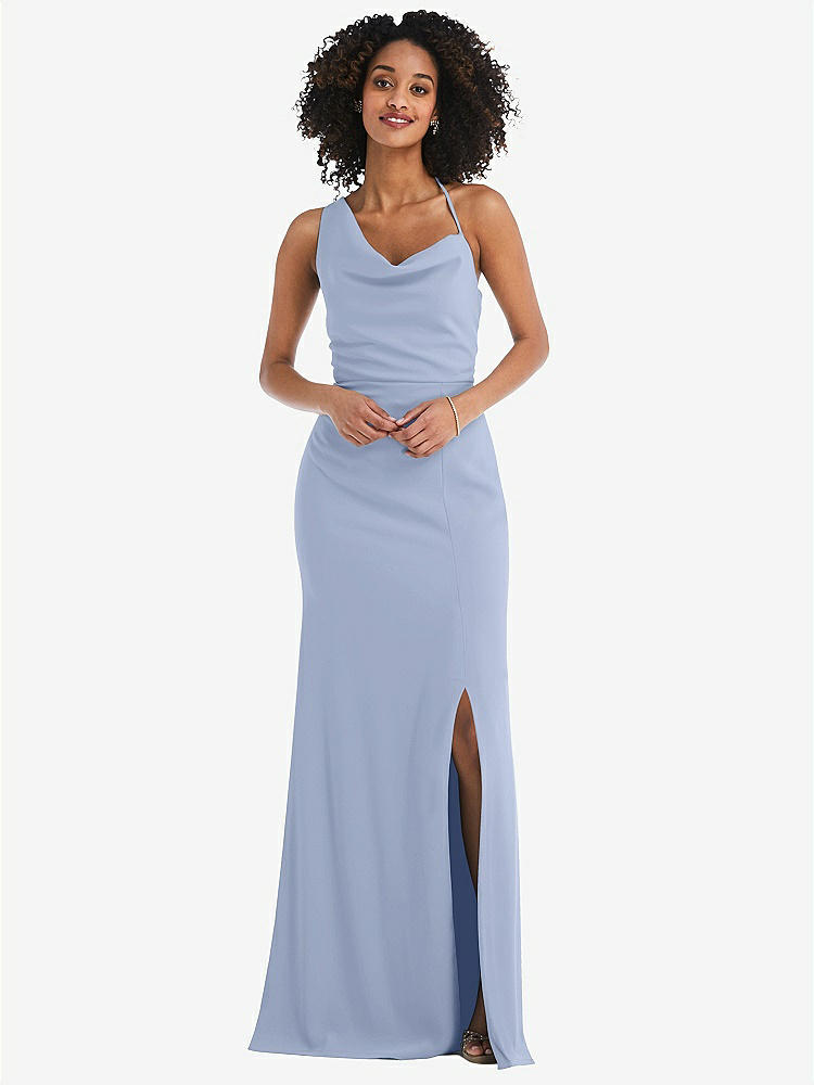 【STYLE: 6849】One-Shoulder Draped Cowl-Neck Maxi Dress【COLOR: Sky Blue】