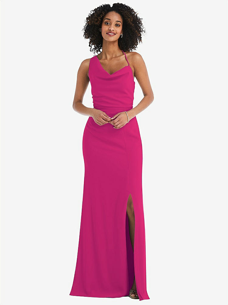 【STYLE: 6849】One-Shoulder Draped Cowl-Neck Maxi Dress【COLOR: Think Pink】