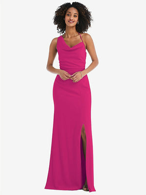 【STYLE: 6849】One-Shoulder Draped Cowl-Neck Maxi Dress【COLOR: Think Pink】