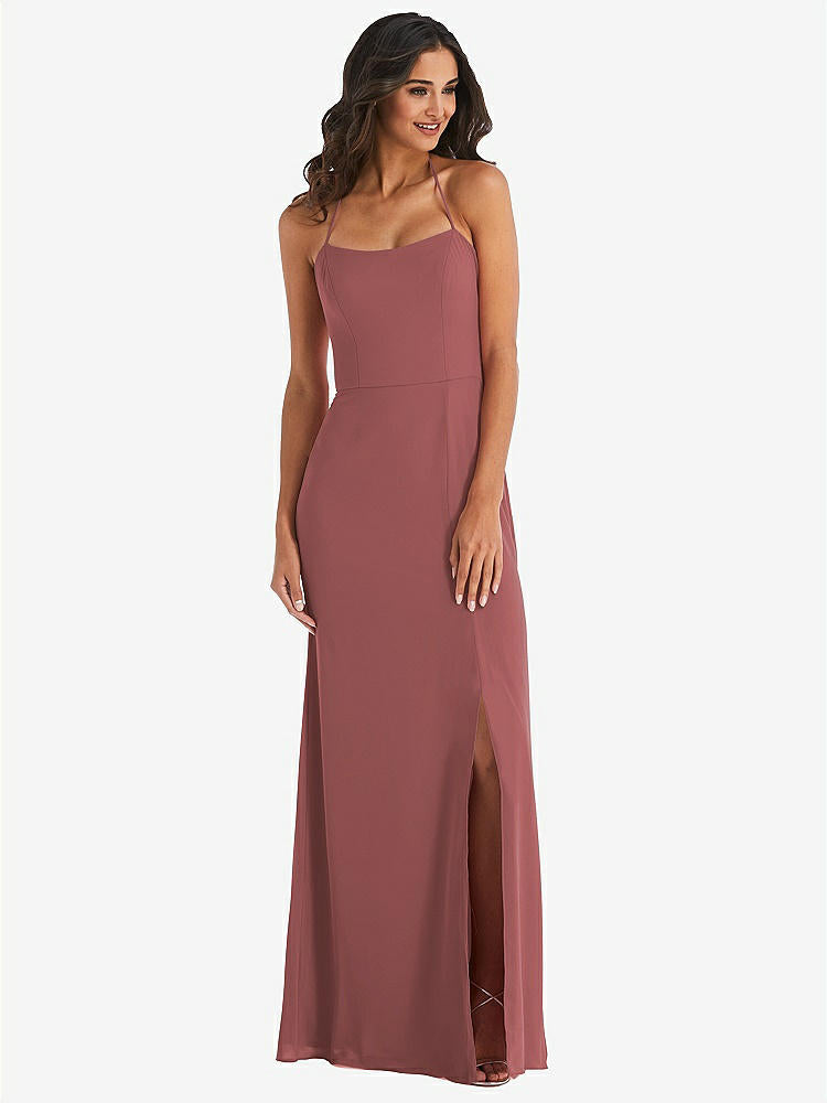 【STYLE: 1543】Spaghetti Strap Tie Halter Backless Trumpet Gown【COLOR: English Rose】