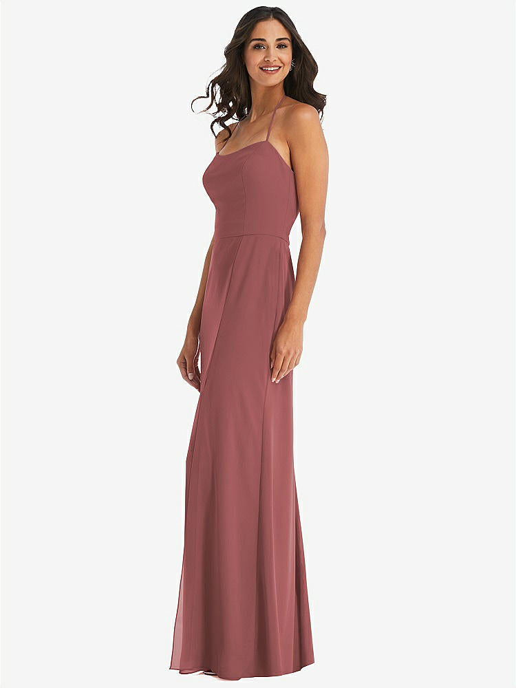 【STYLE: 1543】Spaghetti Strap Tie Halter Backless Trumpet Gown【COLOR: English Rose】