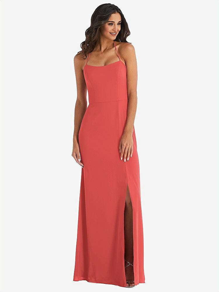 【STYLE: 1543】Spaghetti Strap Tie Halter Backless Trumpet Gown【COLOR: Perfect Coral】