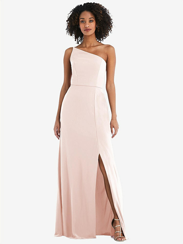 【STYLE: 1544】Skinny One-Shoulder Trumpet Gown with Front Slit【COLOR: Blush】