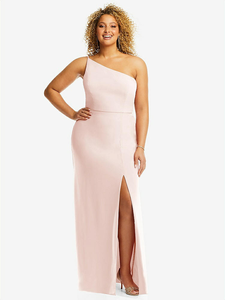 【STYLE: 1544】Skinny One-Shoulder Trumpet Gown with Front Slit【COLOR: Blush】