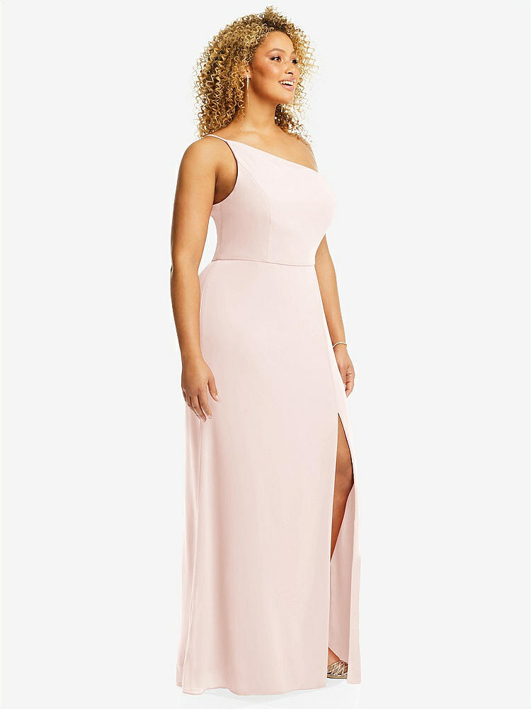 【STYLE: 1544】Skinny One-Shoulder Trumpet Gown with Front Slit【COLOR: Blush】